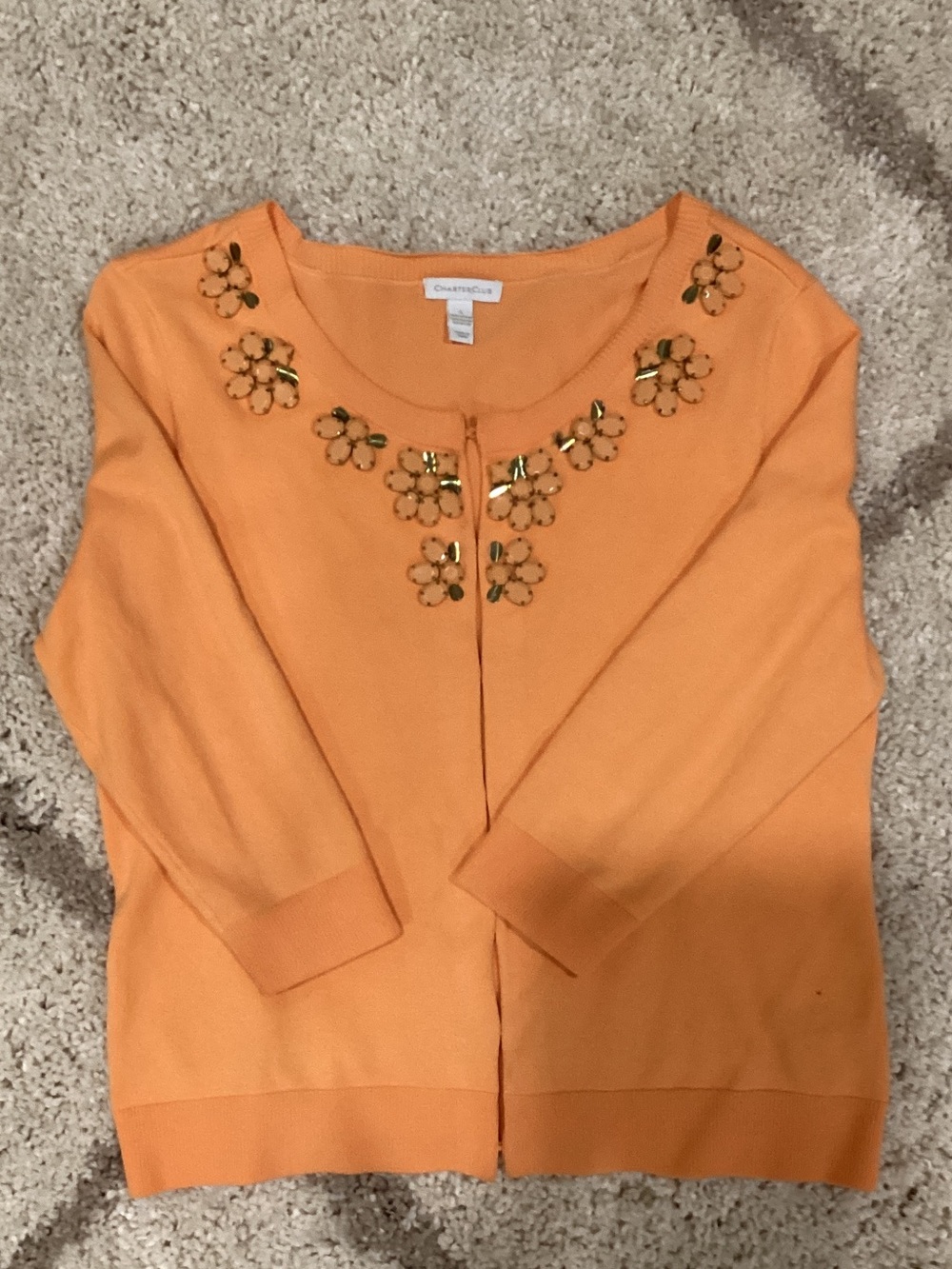 Charter Club Orange Floral Gem Crewneck Cardigan